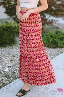 Rose Vintage Boho Floral Print Tiered Maxi Skirt