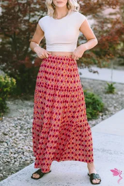 Rose Vintage Boho Floral Print Tiered Maxi Skirt