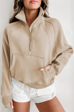 Fleece Lined Zip Up Stand Collar Thumbhole Sleeve Sweatshirt