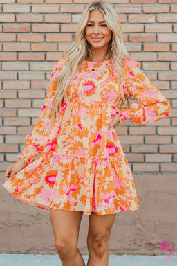 Orange Abstract Print Smocked Lantern Sleeve Ruffle Mini Dress