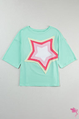 Moonlight Jade Colorblock Star Patched Half Sleeve Oversized Tee