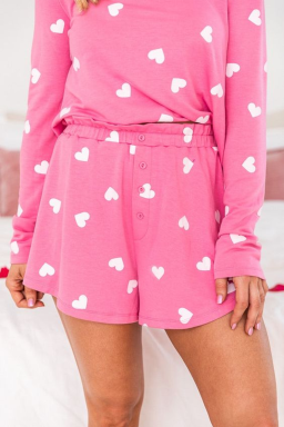 Pink Heart Print Long Sleeve Tee and Shorts Lounge Set