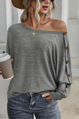 Gray Solid Color Button Decor Dolman Sleeve Top)