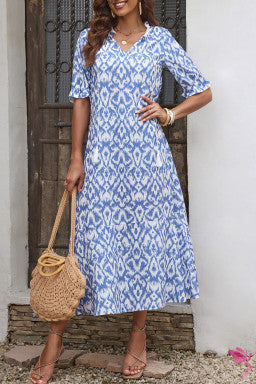 V Neck Casual Geometric Print Maxi Dress