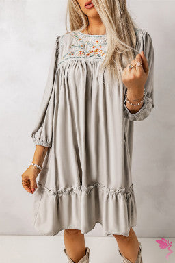 Gray Floral Embroidered Long Sleeve Babydoll Mini Dress