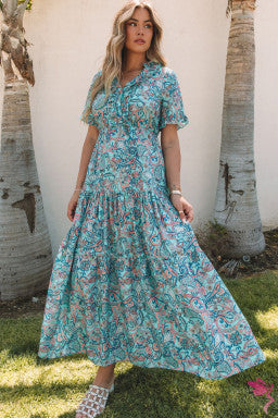 Sky Blue Paisley Print Boho Holiday Ruffle Tiered Maxi Dress