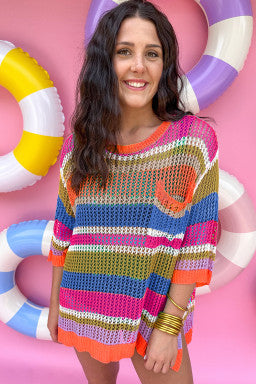 Pink Stripe Colorblock Hollowed Crochet 3/4 Sleeve Sweater