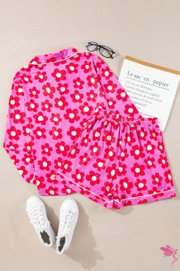 Flower Print Long Sleeve Shirt Shorts Pajamas Set