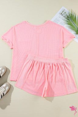 Pink Plus Size Ribbed Exposed Seam Tee and Shorts Set