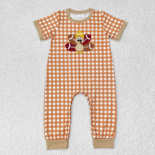 Boys Turkey Thanksgiving Checkered Short Sleeve Rompers