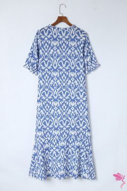 V Neck Casual Geometric Print Maxi Dress