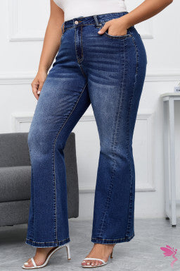 Dark Blue Plus Size Stitching Washed Flare Jeans