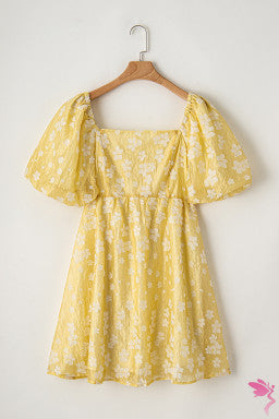 Yellow Boho Flower Jacquard Puff Sleeve Square Neck Mini Dress