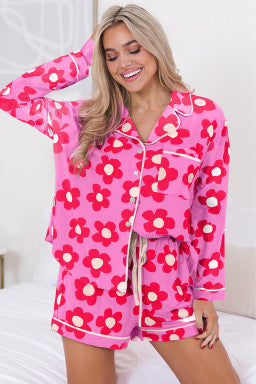 Flower Print Long Sleeve Shirt Shorts Pajamas Set