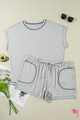 Gray Contrast Stitching Cuffed Sleeve Plus Shorts Set