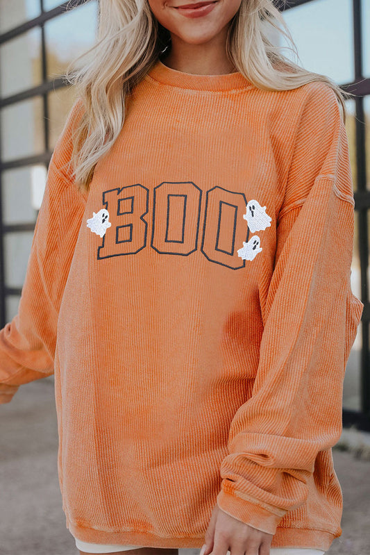 Orange Embroidered BOO Ghost Corded Halloween Sweatshirt