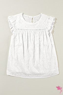 White Eyelet Embroidered Ruffled Flutter Sleeve Blouse