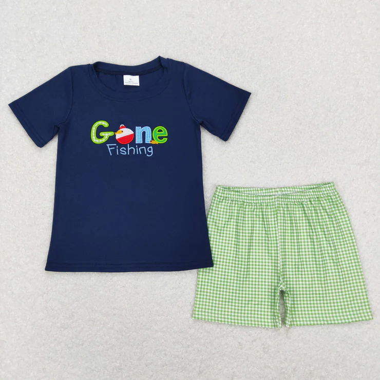 Fishing embroidery boy summer shorts set