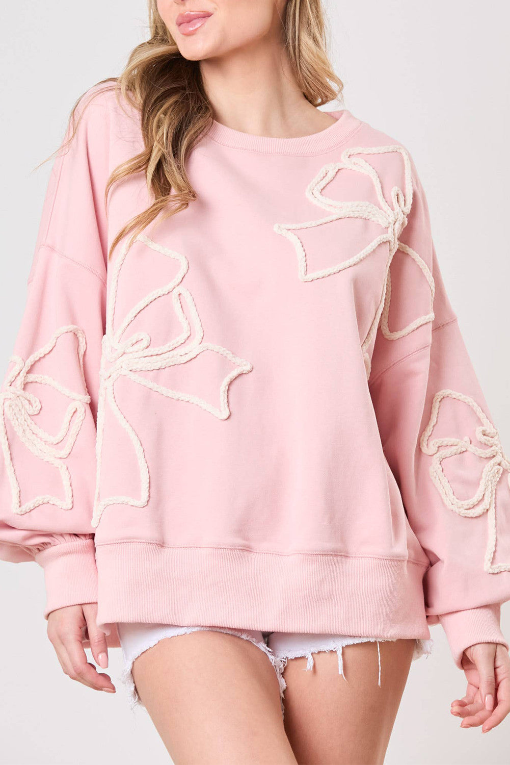 Light Pink Flower Pattern Drop Shoulder Loose Sweatshirt)