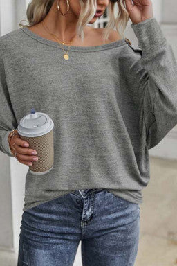 Gray Solid Color Button Decor Dolman Sleeve Top)