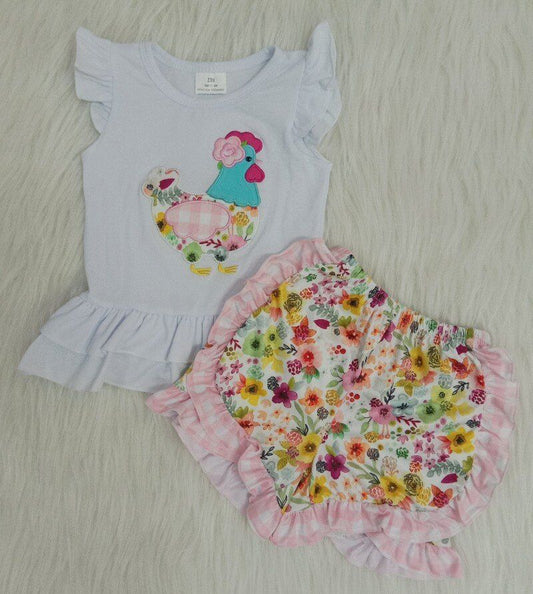 Girls embroidery chicken summer short set