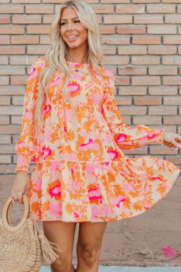 Orange Abstract Print Smocked Lantern Sleeve Ruffle Mini Dress