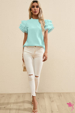 Mint Green Layered Ric Rac Cap Sleeve Frilled Neck Blouse