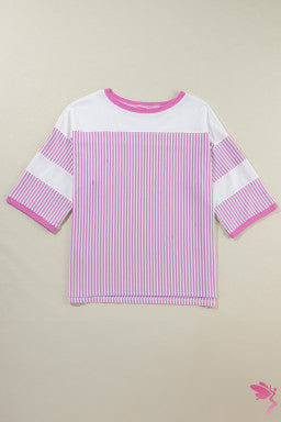 Pink Stripe Patchwork Bracelet Sleeve Plus Size T Shirt