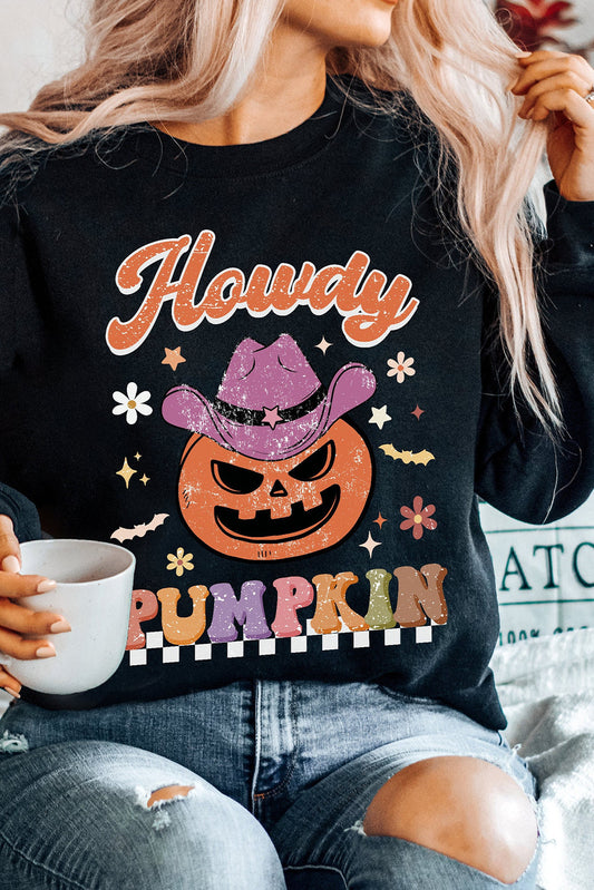 Black Halloween Howdy PUMPKIN Print Graphic Pullover Sweatshirt