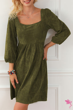 Jungle Green Suede Square Neck Puff Sleeve Dress