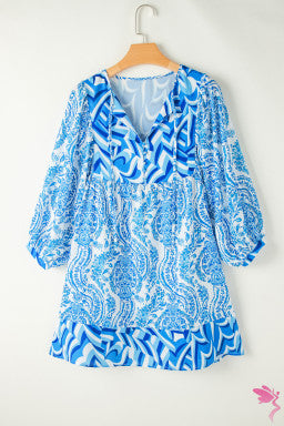 Sky Blue Bohemian Print Puff Sleeve Tied V Neck Flared Mini Dress