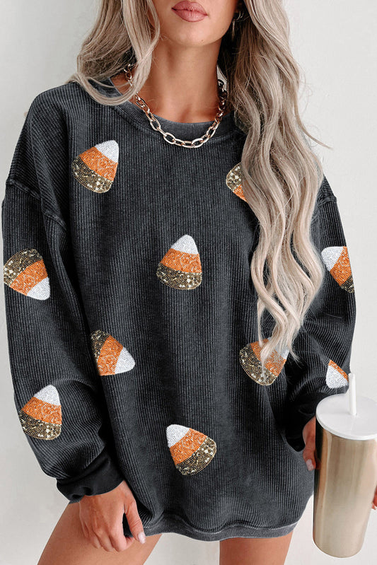 Candy Corn  Sequin Print Corded Crewneck Graphic Sweatshirt