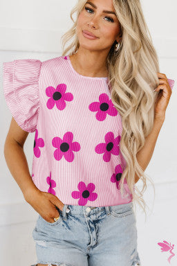 Pink Pinstripe Floral Print Ruffled Flutter Sleeve Blouse