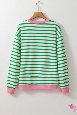 Bright Green Striped Contrast Edge Long Sleeve Top