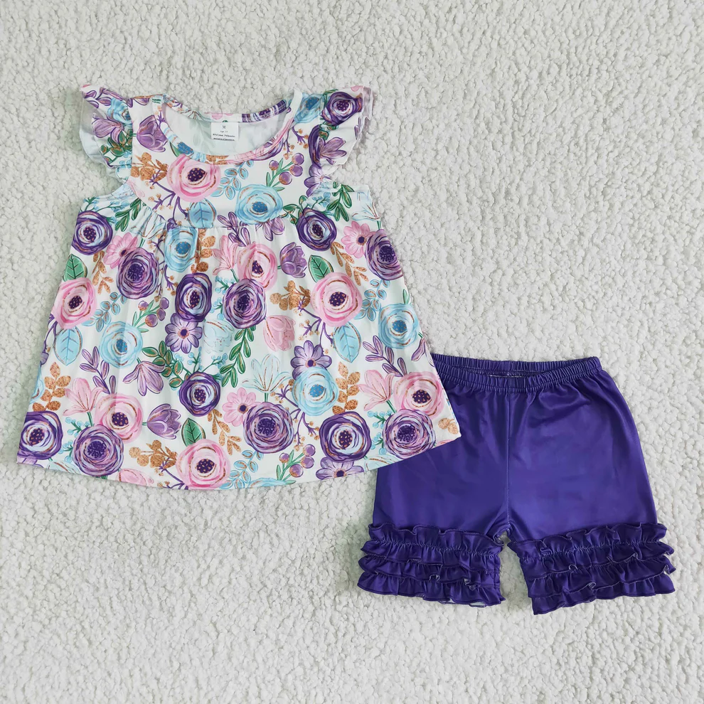 Floral top purple solid cotton shorts summer outfit