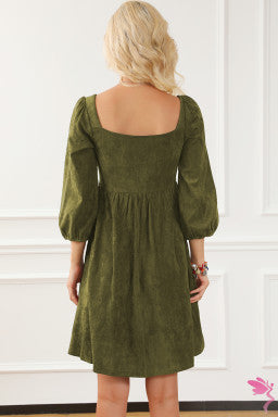 Jungle Green Suede Square Neck Puff Sleeve Dress