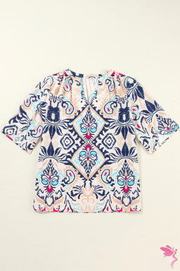 White Abstract Printed Notched V Neck Split Half Sleeve Blouse