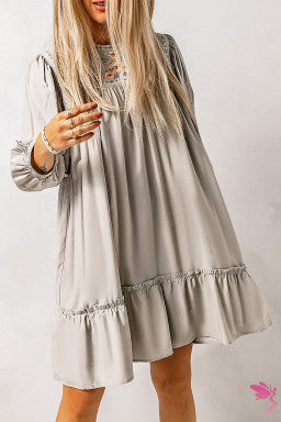 Gray Floral Embroidered Long Sleeve Babydoll Mini Dress