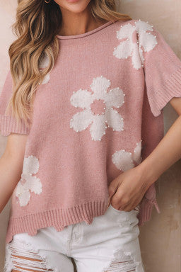 Light Pink Pearled Flower Distressed Edge Sweater T Shirt