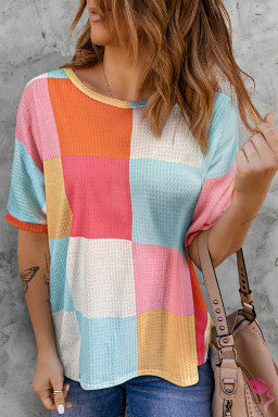 Light Blue Waffle Knit Colorblock Loose T Shirt