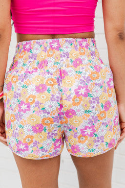 Pink Boho Floral Shirred High Waist Casual Shorts