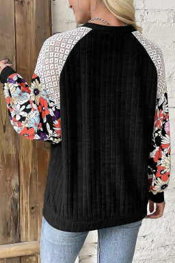 Floral Patchwork Long Sleeve Ribbed Blouse