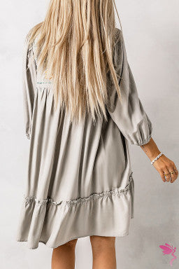 Gray Floral Embroidered Long Sleeve Babydoll Mini Dress