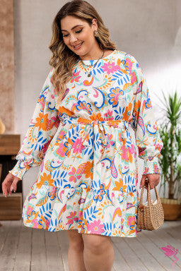 Orange Paisley Floral Print Belted Plus Size Dress