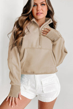 Fleece Lined Zip Up Stand Collar Thumbhole Sleeve Sweatshirt