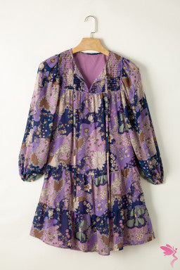 Purple Vintage Daisy Floral Puff Sleeve Ruffle Short Dress