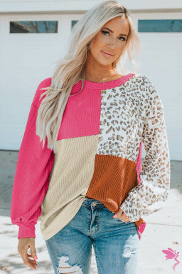 Leopard Patchwork Color Block Ribbed Long Sleeve Top