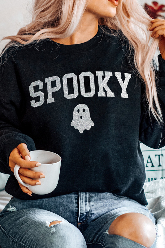 Black SPOOKY Ghost Glitter Pattern Crew Neck Halloween Sweatshirt