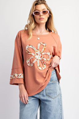 Grapefruit Orange Flower Exposed Seam Patchwork Loose Top