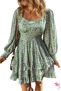 Green Floral Print Square Neck Shirred Waist Tiered Ruffled Mini Dress